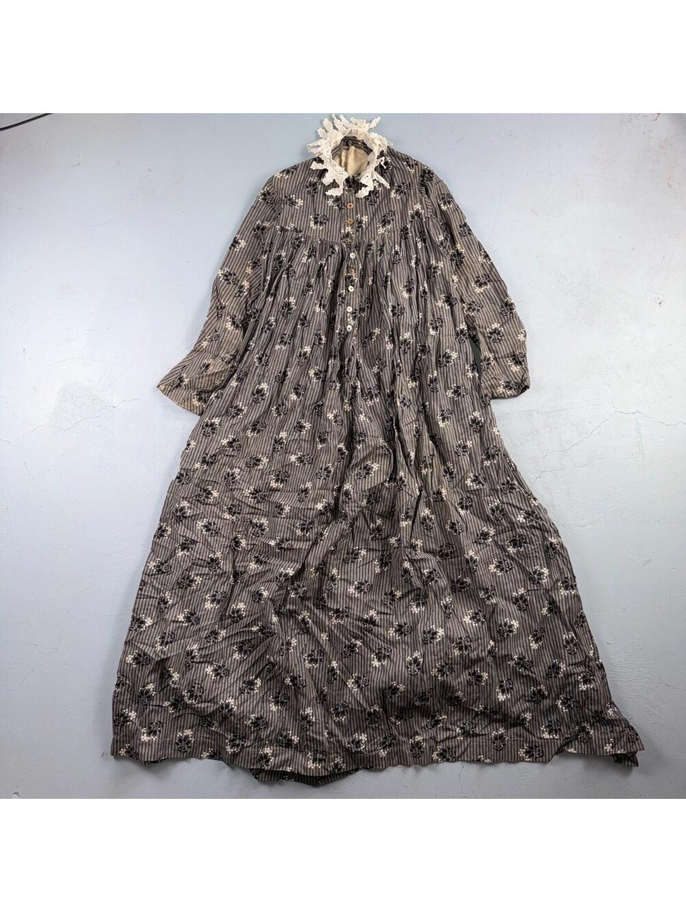 Antique Edwardian 1800s Calico Day Dress House Farm Dress Victorian 1900s Lace